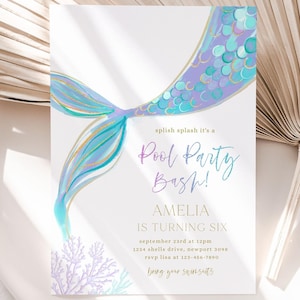 Invitación de cumpleaños para fiesta de sirena en la piscina, invitación editable para fiesta de sirena coral, fiesta minimalista de sirena en la piscina, descarga digital