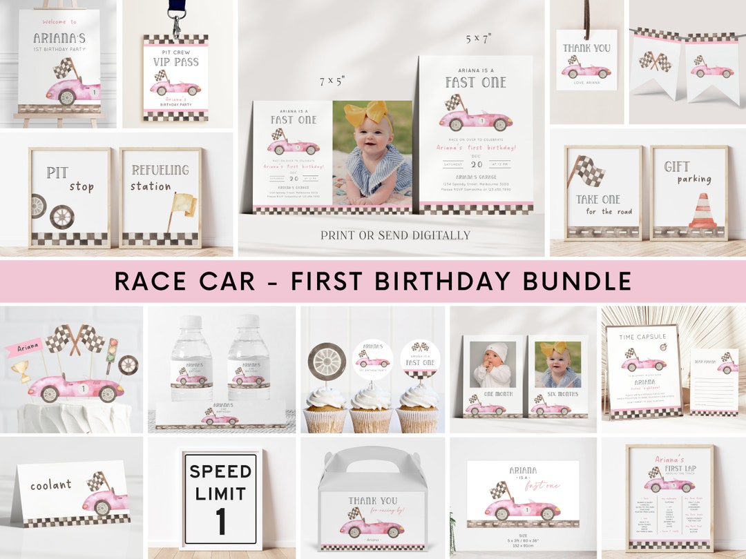 Fast ONE Birthday Pink Car Invitation Bundle, Editable Girl Race Car
