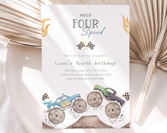 Editable Need Four Speed Monster Truck Invitation, Blue & Black Truck 4th Birthday Invite, Racing Trucks B'day Party, Digital Download