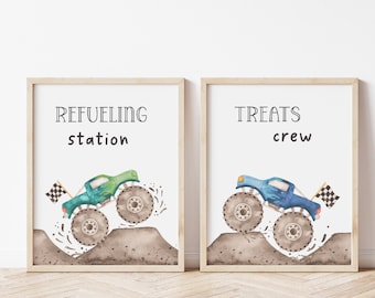 Monster Truck Refueling Station & Treats Crew Sign, Editable Template, Blue Green Truck Birthday Party Table Sign Decor, Digital Download