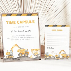 Construction Birthday Time Capsule, Editable Template, Construction Trucks Party Time Capsule Sign & Message Card, Digital Download