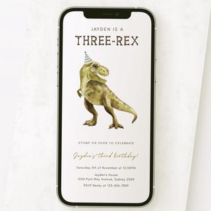 Three Rex dinosaurus elektronische verjaardagsuitnodiging, T-Rex 3e B'day mobiele uitnodiging, minimalistische Boy Dino Party Evite, digitale download