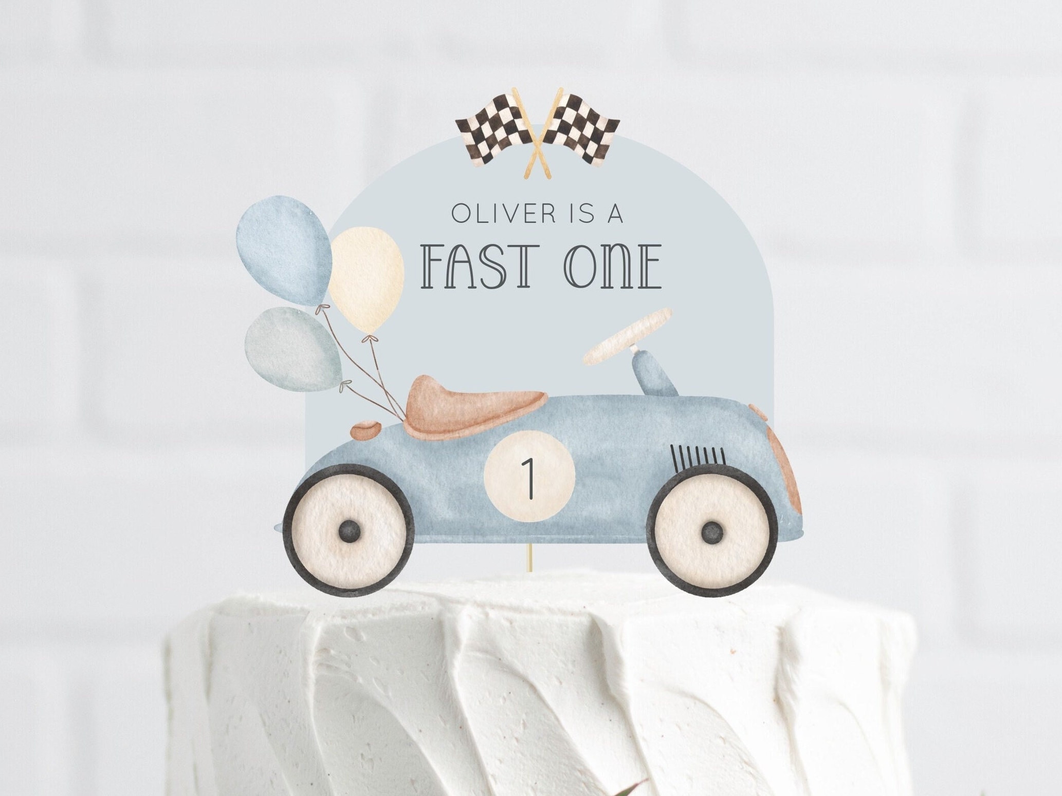 Editable Fast One Cake Toppers, Printable Blue Vintage Car & Balloons Topper, Fast ONE Racing Birthday Party Cake Decor, Digital Download