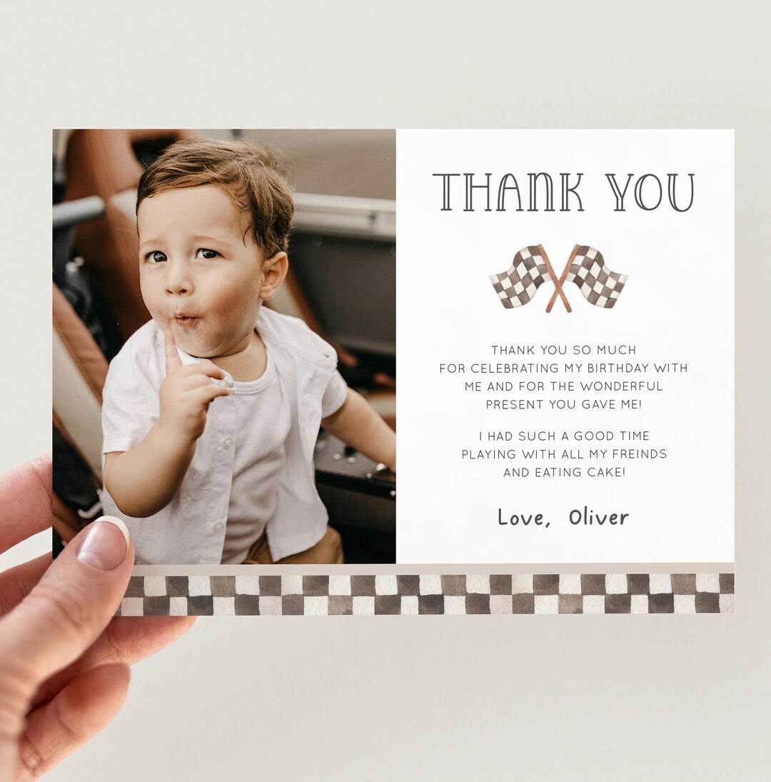 Thank You Racers Racing Thank You Card With Photo, Editable Race Flags Birthday Thank ...