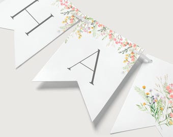 Editable Wildflower Happy Birthday Banner, Printable Floral Party Garland, Little Wildflowers B'day Banner Decor Template, Digital Download