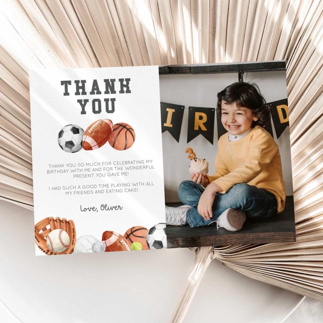 Editable Sports Birthday Thank You Photo Card, Ball B'day Favor Card ...