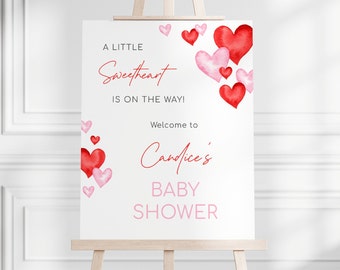 A Little Sweet Heart Is On The Way Welcome Sign, Editable Valentines Baby Shower, Pink Red Hearts Baby Shower Sign Decor, Digital Download
