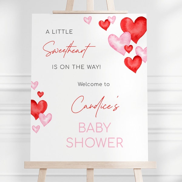 A Little Sweet Heart Is On The Way Welcome Sign, Editable Valentines Baby Shower, Pink Red Hearts Baby Shower Sign Decor, Digital Download