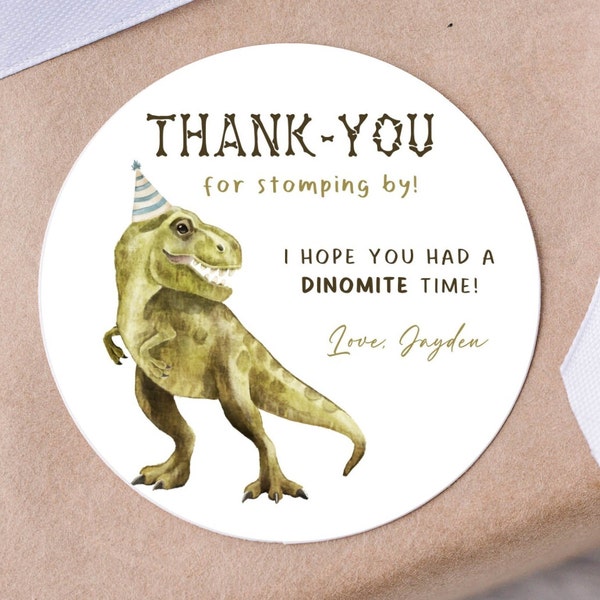 Editable T-Rex Dinosaur Party Favors Sticker Template, Printable Three Rex B'day Thank You Labels, Dino Four B'day Favors, Digital Download