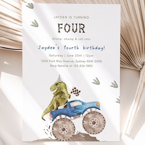 Any Age Dino & Monster Truck Birthday Invitation, Editable T-Rex Truck Party Invite, Blue Monster Truck Dinosaur B&#39;day, Digital Download
