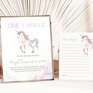 Letrero de cápsula del tiempo de cumpleaños de unicornio, cápsula del tiempo de unicornio mágico editable y tarjeta con mensaje, fiesta de cumpleaños de unicornio pastel, descarga digital