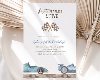 Race Car 5th Birthday Invitation, Editable Template, Fast Fearless & FIVE Racing B'day Invite, Blue Car 5th B'day Party, Digital Download