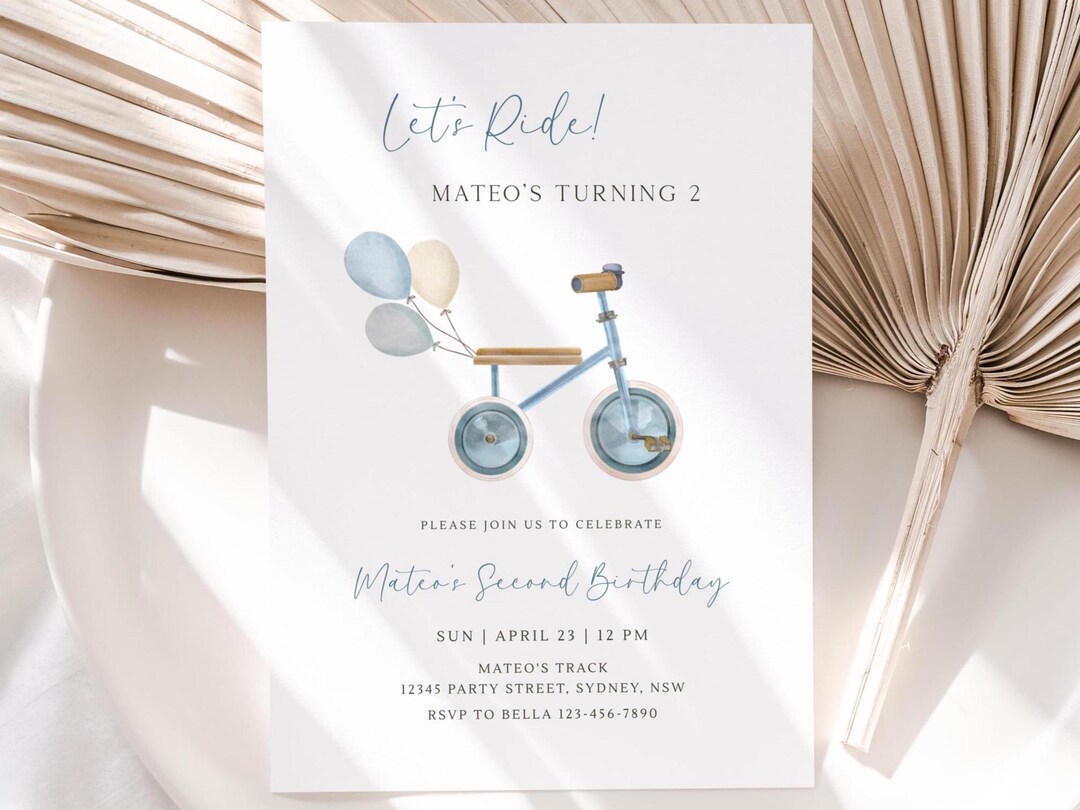 Let's Ride Tricycle Birthday Invitation, Editable Blue Trike & Balloons ...