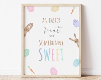 Può includere: Un cartello bianco stampabile con il testo "An Easter Treat for Somebunny Sweet" in marrone e arcobaleno. Il cartello è decorato con coniglietti dei cartoni animati e uova di Pasqua colorate.