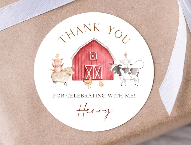 Editable Farm Birthday Thank You Sticker, Red Barn Party Thank You ...