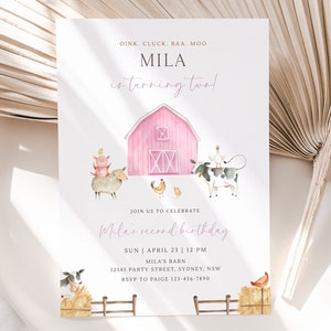 Pink Farm Birthday Party Invitation, Editable Girl Barn Animals B'day ...