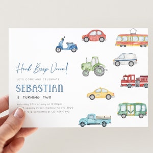 Transportation Birthday Invitation, Editable Template, Boy Transport B&#39;day Invite, Cars Trams Bus Invite, Vehicle Birthday, Digital Download