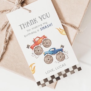 Bearbeitbares Monstertruck-Favor-Tag, roter und blauer Monster-Truck Dankeschön-Tag, Racing-Truck-Geburtstagsfeier, LKW-Bday-Geschenkanhänger, digitaler Download