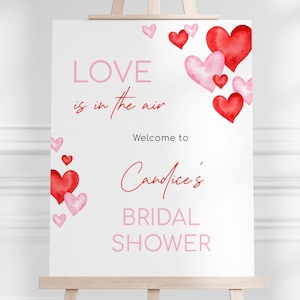 Love Is In The Air Bridal Shower Welcome Sign, Editable V'day Bridal Party Sign, Minimalist Red Pink Hearts Bridal Decor, Digital Download