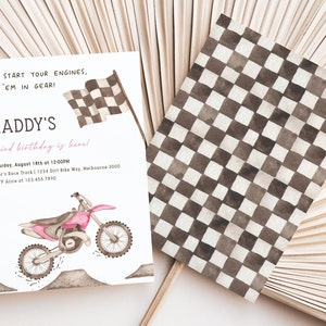 May include: A birthday party invitation with a pink and black dirt bike, a checkered flag, and the text "MADDY'S third birthday is here!"  Saturday, August 18th at 12:00PM Tyler's Race Track 1234 Dirt Bike Way, Melbourne 3000 RSVP Alice at 123.456.7890