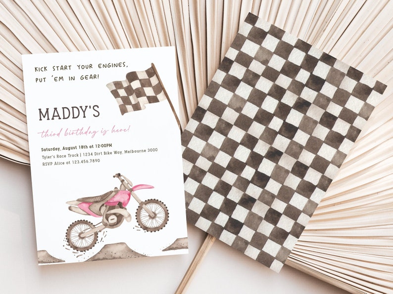May include: A birthday party invitation with a pink and black dirt bike, a checkered flag, and the text "MADDY'S third birthday is here!"  Saturday, August 18th at 12:00PM Tyler's Race Track 1234 Dirt Bike Way, Melbourne 3000 RSVP Alice at 123.456.7890