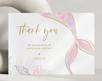 Pink Mermaid Thank You Card, Editable Template, Cute Mermaid Birthday Thank You Note, Modern Mermaid B'day Party, Digital Download