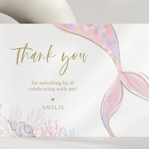 Pink Mermaid Thank You Card, Editable Template, Cute Mermaid Birthday Thank You Note, Modern Mermaid B'day Party, Digital Download