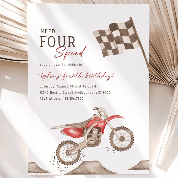 Dirt Bike 4th Birthday Invitation, Editable Template, Need FOUR Speed Racing Invitation, Red Dirt Bike B'day Party Invite, Digital Download