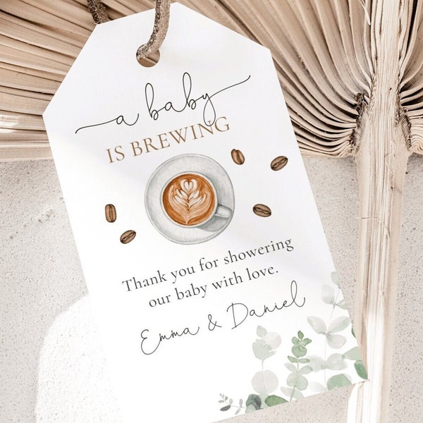 A Baby is Brewing Favors Tag, Editable Coffee Greenery Baby Shower Thank You Tag, Coffee Themed Baby Shower Favors Tag, Digital Download