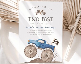 Dwa szybkie zaproszenia urodzinowe Monster Truck, edytowalny szablon, niebieskie zaproszenie urodzinowe Monster Truck, szybkie zaproszenie Growing Up 2, pobieranie cyfrowe