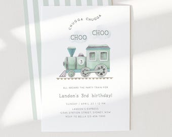 May include: A light green watercolor train illustration on a white invitation. The text reads "CHUGGA CHUGGA CHOO CHOO" above the train, and "All aboard the party train for Landon's 3rd birthday!" below. The invitation includes event details.