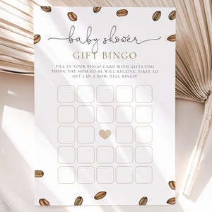 Un bébé prépare un jeu de bingo-cadeau pour baby shower, jeux de fête modifiables pour baby shower sur le thème du café, shower de café minimaliste, téléchargement numérique