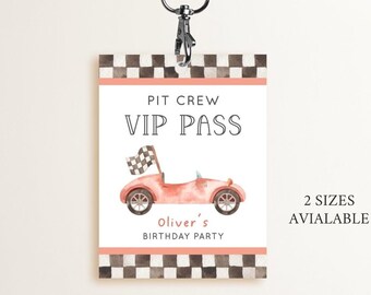 Race Car Pit Crew Pass, Editable Template, Vintage Red Car Party, VIP Pass Tag Label, Printable Racing Pit Crew Pass Decor, Digital Download