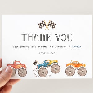 Tarjeta de agradecimiento de Monster Truck, plantilla editable, nota de agradecimiento de cumpleaños de Monster Truck, obsequios de decoración de fiesta de Monster Cars, descarga digital