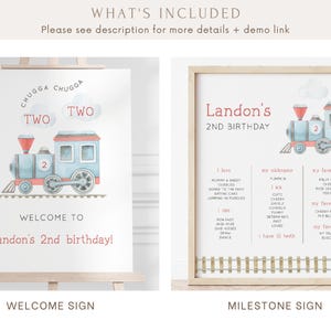 May include: Two printable signs for a second birthday party. The first sign features a blue train with red accents and the text "Chugga Chugga Two Two" and "Welcome to Landon's 2nd birthday!" The second sign features a blue train with red accents and the text "Landon's 2nd Birthday" and lists the child's favorite foods, books, and toys.