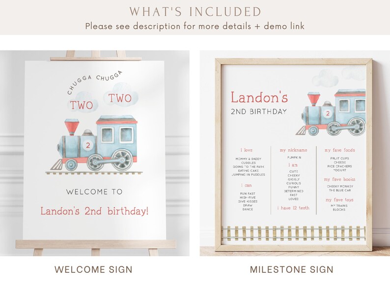 May include: Two printable signs for a second birthday party. The first sign features a blue train with red accents and the text "Chugga Chugga Two Two" and "Welcome to Landon's 2nd birthday!" The second sign features a blue train with red accents and the text "Landon's 2nd Birthday" and lists the child's favorite foods, books, and toys.