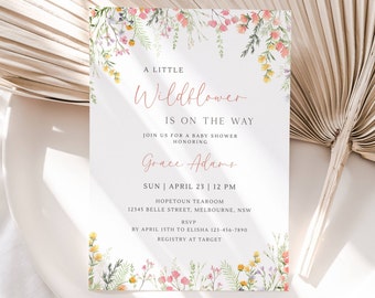 Wildflower Baby Shower Invitation, Editable Little Wildflower Is On The Way Invite, Minimalist Flowers Baby Shower Invite, Digital Download