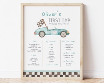 Snelle EEN verjaardag mijlpaal poster, bewerkbare raceauto Bday mijlpaal bord, vintage blauwe auto, 1e ronde rond het circuit, digitale download