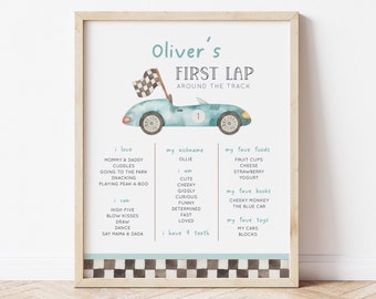 Fast ONE Birthday Milestone Poster, Editable Race Car Bday Milestone Board, Vintage Blue Car, 1st Lap Around The Track, Digital Download