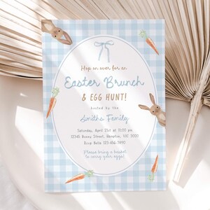 May include: Easter brunch invitation with a light blue gingham background. The invitation features an oval frame with text, bunny illustrations, and carrot accents. The text reads "Hop on over for an Easter Brunch & Egg Hunt!" and includes event details.