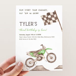 Any Age Green Dirt Bike Invitation, Editable Template, Green Dirt Bike 3rd Birthday, Racing Bike B&#39;day Party Invite, Digital Download