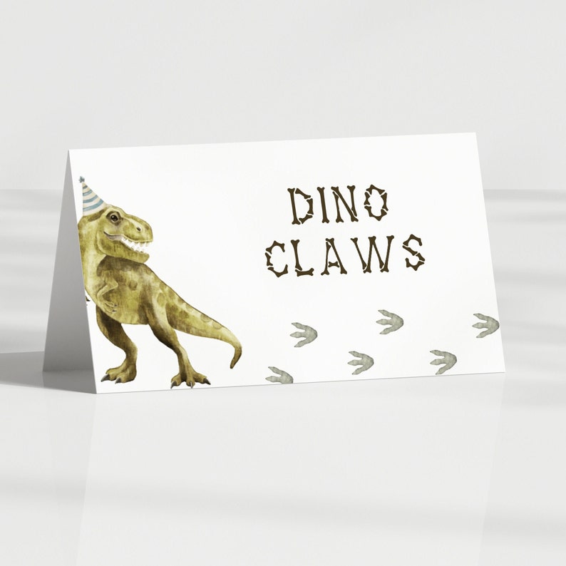 Carpas de comida de dinosaurios, plantilla editable, etiquetas de comida de cumpleaños de Dino, carpas de comida T-Rex, decoración de mesa de fiesta de dinosaurios, descarga digital imagen 4