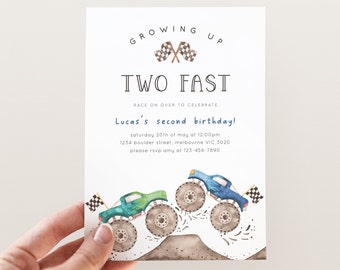 Two Fast Monster Truck Invitation, Editable Template, Green Blue Monster Truck 2nd Birthday Party, Growing Up 2 Fast Invite Digital Download