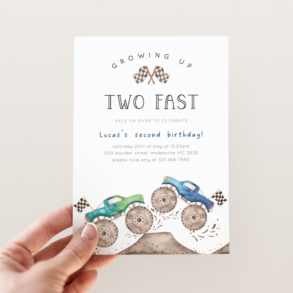 Two Fast Monster Truck Invitation, Editable Template, Green Blue Monster Truck 2nd Birthday Party, Growing Up 2 Fast Invite Digital Download