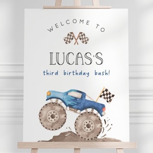 Blue Monster Truck Welcome Sign, Editable Smash & Crash Monster Truck Birthday Bash, Blue Truck B&#39;day Party Decoration, Digital Download