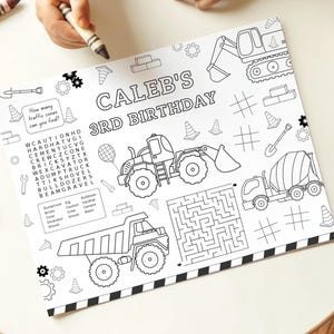 Página para colorear y actividad de construcción editable, mantel individual para fiesta de cumpleaños de camión de construcción, imprimible para cumpleaños infantil de constructor, descarga digital imagen 1