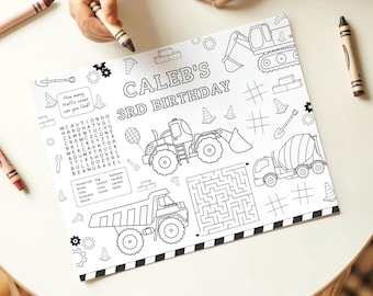 Editable Construction Activity & Coloring Page, Construction Truck Birthday Party Placemat, Printable Kids Builder B'day, Digital Download