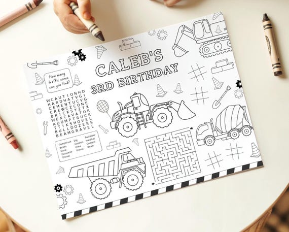Editable Construction Activity & Coloring Page, Construction Truck Birthday Party Placemat, Printable Kids Builder B'day, Digital Download