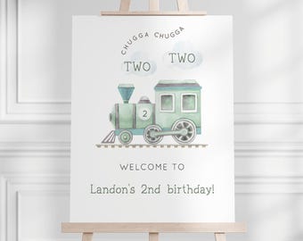 Chugga Chugga Two Two Welcome Sign, Editable Green Choo Choo Train 2nd B'day Decor, Minimalist Vintage Green Train Party, Digital Download