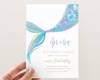 Any Age Mermaid Invitation, Editable Purple Blue Mermaid Birthday Invite, Modern Girl Mermaid B'day, Under The Sea Party, Digital Download